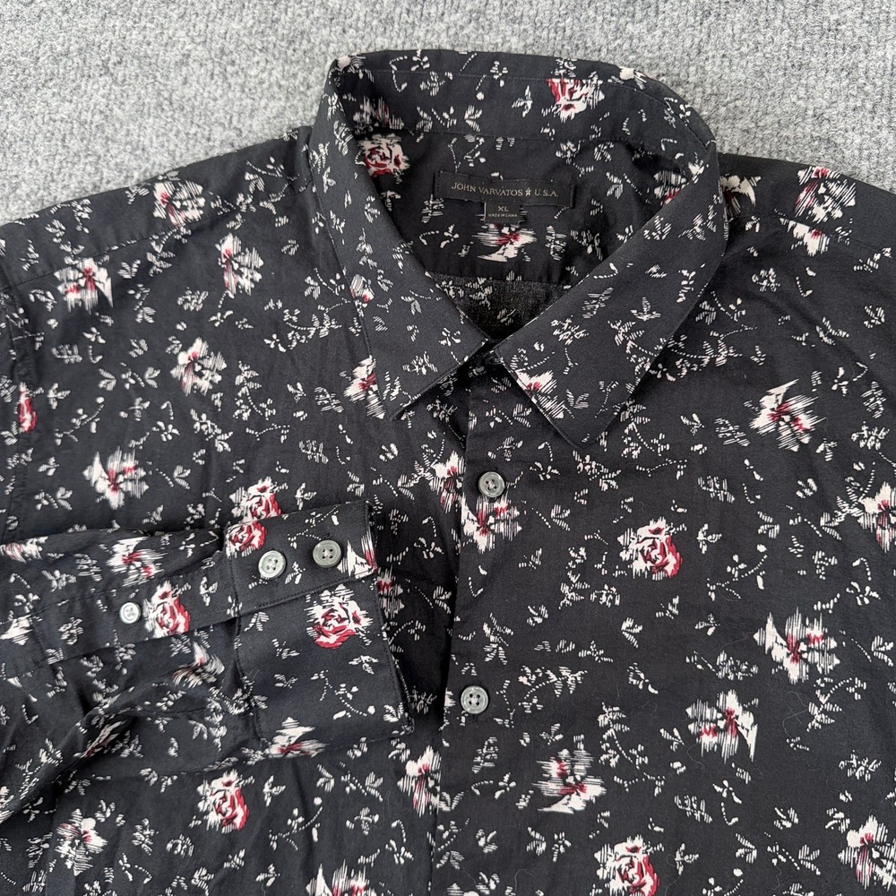 John Varvatos Shirt Mens XL Black Floral Roses Long Sleeve Button Up